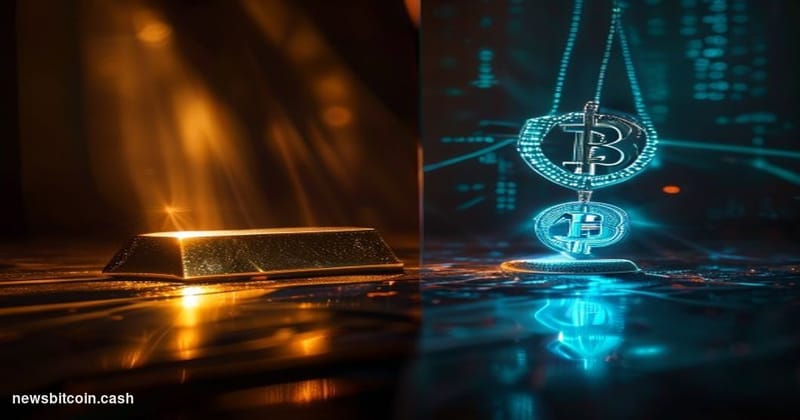 Cinematic photorealistic editorial photograph of a dramatic split-scene composition: on the left, a gleaming gold bullion bar