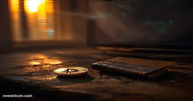 Cinematic photorealistic editorial photograph of an aged, weathered hardware wallet and a physical bitcoin coin resting on a 