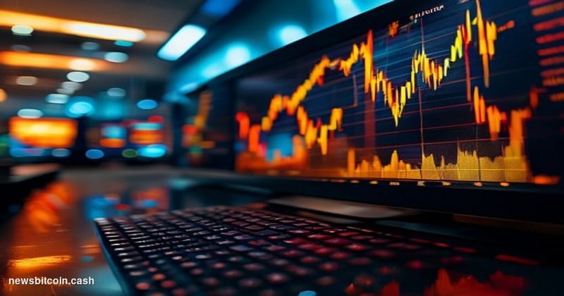 Cinematic photorealistic editorial photograph of a large digital trading screen mounted inside a dimly lit financial operatio