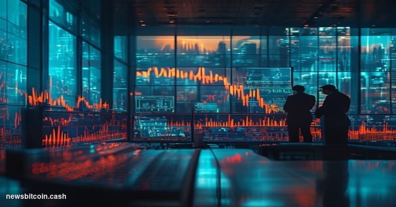 Cinematic photorealistic editorial photograph of a large financial trading floor bathed in cool blue and amber light, with mu