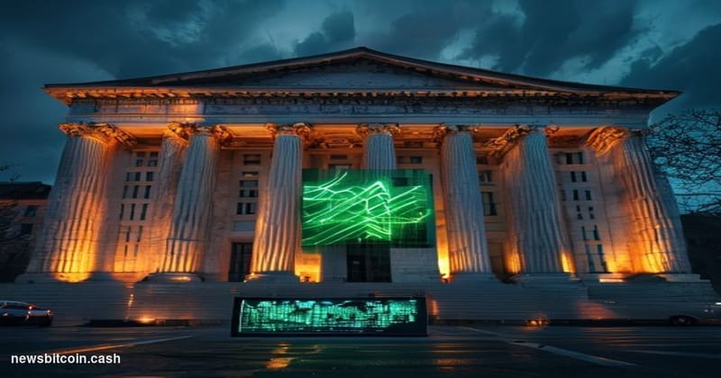 Cinematic photorealistic editorial photograph of a Federal Reserve building exterior in Washington D.C., shot at dusk with dr