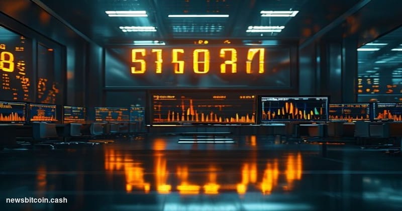 Cinematic photorealistic editorial photograph of a large illuminated digital clock countdown display mounted on a dark financ