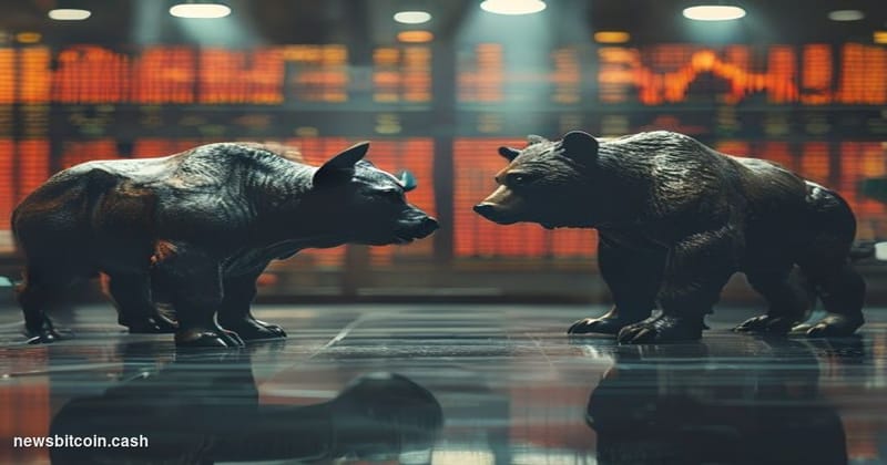 Cinematic photorealistic editorial photograph of a weathered bronze bull and bear sculpture facing each other on a dark marbl