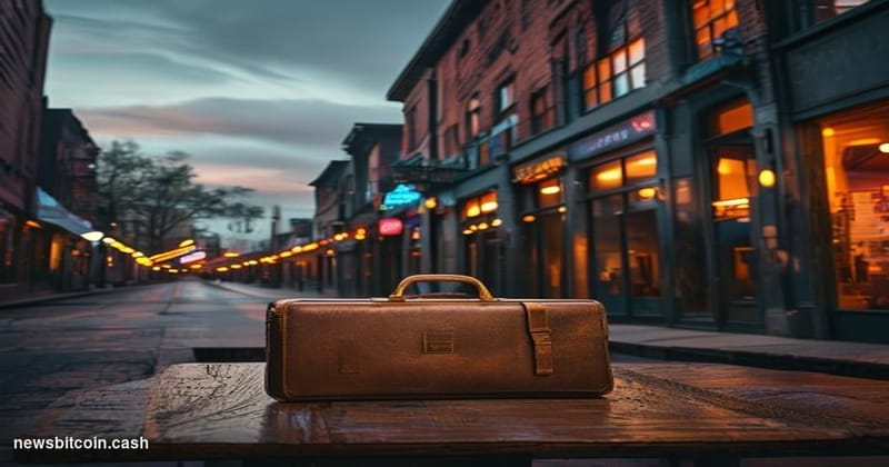 Cinematic photorealistic editorial photograph of a weathered but thriving Main Street commercial district at dusk, shot from 