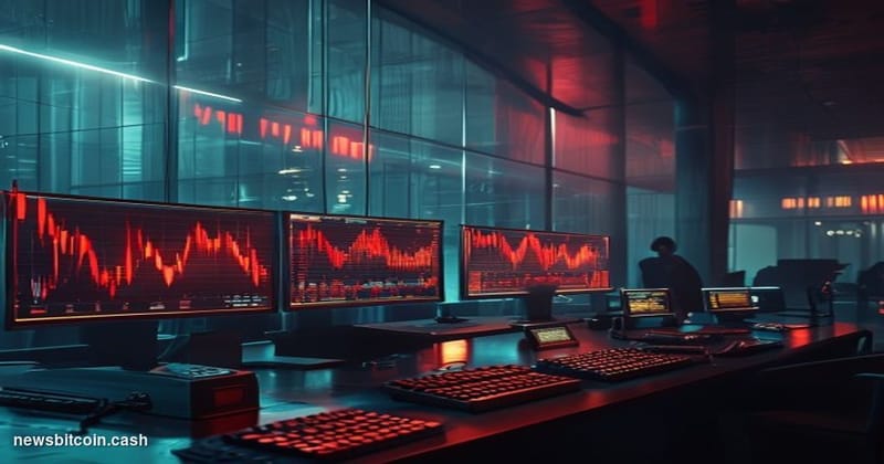 A cinematic photorealistic editorial photograph of a darkened cryptocurrency trading floor environment, shot from a low angle
