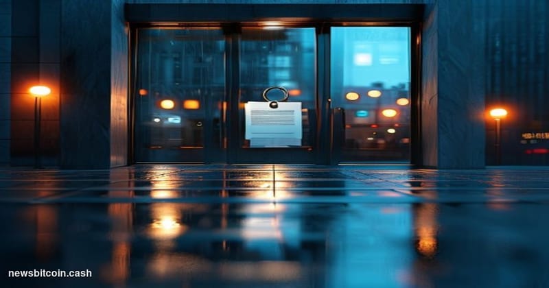 A cinematic photorealistic editorial photograph of a darkened, shuttered cryptocurrency exchange office entrance, shot from a