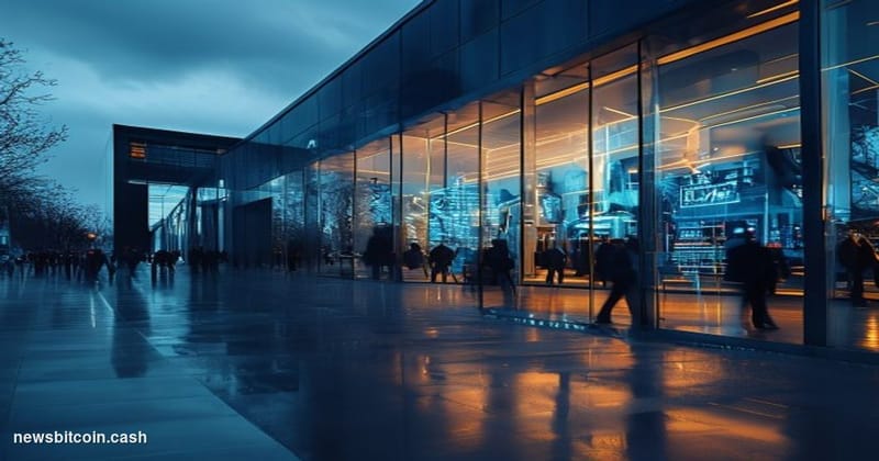 Cinematic photorealistic editorial photograph of a cryptocurrency exchange office exterior at dusk, with glass doors and digi