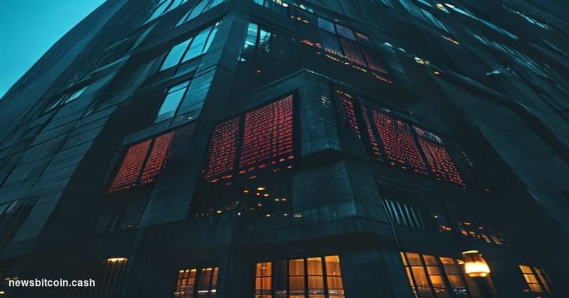 A cinematic photorealistic editorial photograph shot at a low angle looking up at a darkened financial district building faca