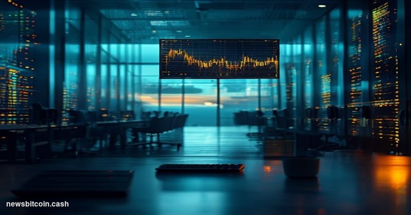 Cinematic photorealistic editorial photograph of a darkened trading floor with glowing screens displaying flat or declining c
