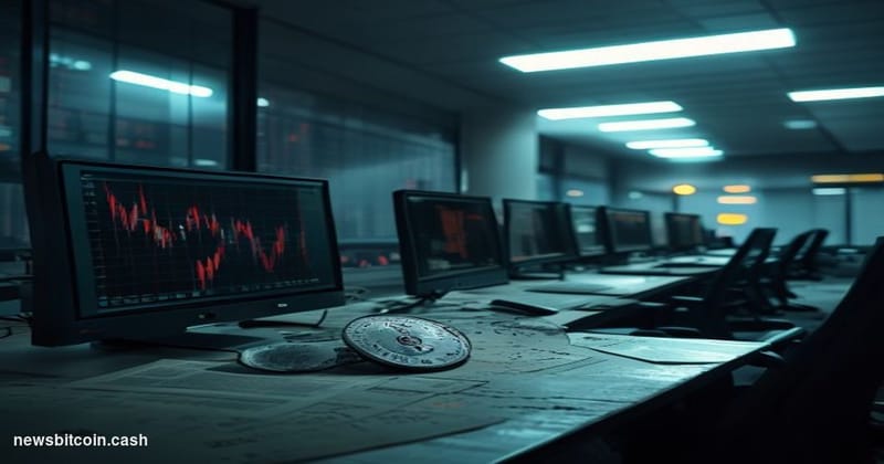 A cinematic photorealistic editorial photograph of a once-prominent trading floor or financial exchange terminal room, now vi