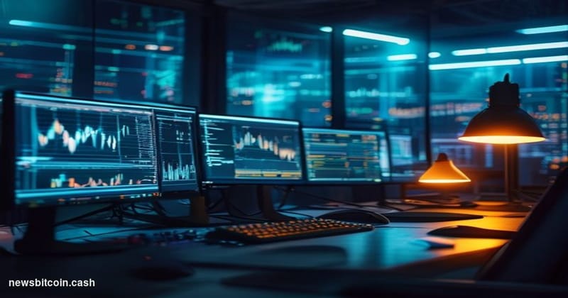 A cinematic photorealistic editorial photograph of a dimly lit trading floor terminal displaying the BitMEX exchange interfac