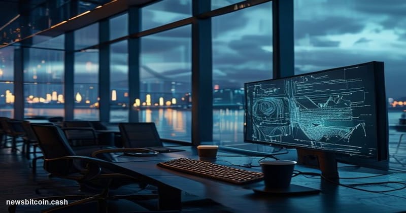 Cinematic photorealistic editorial photograph of a desolate trading floor environment, shot from a low angle looking up at la