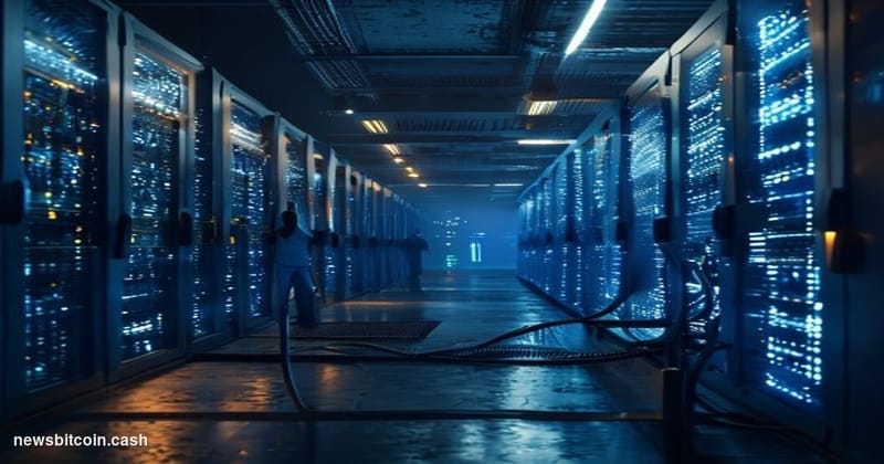 Cinematic photorealistic editorial photograph of a sleek, dimly lit data center interior where rows of high-performance serve