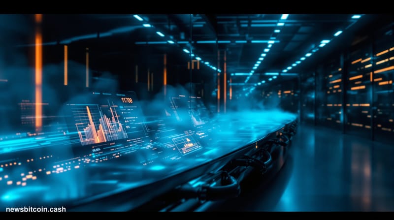 A dramatic cinematic editorial photograph set inside a modern cryptocurrency mining and staking operations center, with rows 