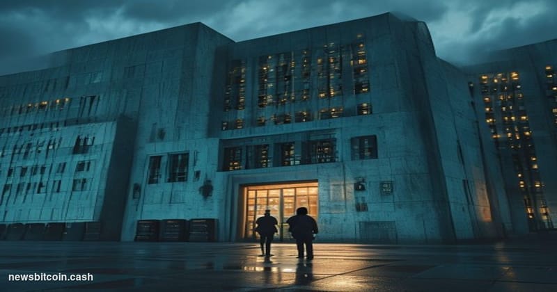 Cinematic photorealistic editorial photograph of a Russian federal courthouse or government administrative building in Moscow