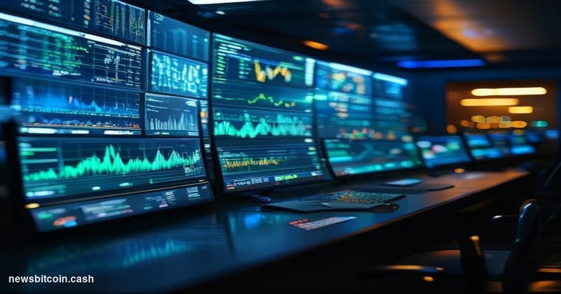 Cinematic photorealistic editorial photograph of a sleek trading terminal in a dimly lit financial operations room, with mult