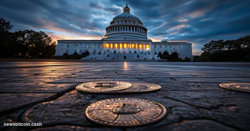 Cinematic photorealistic editorial photograph of the United States Capitol building in Washington D.C. shot from a low angle 
