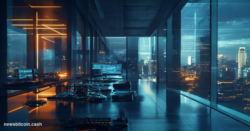 Cinematic photorealistic editorial photograph of a sleek, darkened tech workspace environment suggestive of Block's San Franc