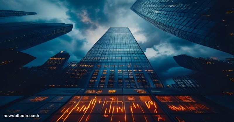 Cinematic photorealistic editorial photograph shot from a low angle looking up at the Bloomberg terminal headquarters buildin