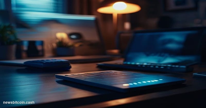 Cinematic photorealistic editorial photograph of a dimly lit home office desk in close-up, shallow depth of field, with a lap
