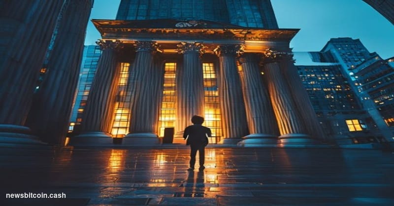 Cinematic photorealistic editorial photograph of a grand European financial district at dusk, shot from a low angle looking u