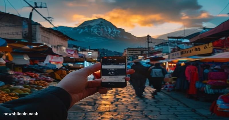 Cinematic photorealistic editorial photograph of a Bolivian street market in La Paz, with the iconic Illimani mountain visibl