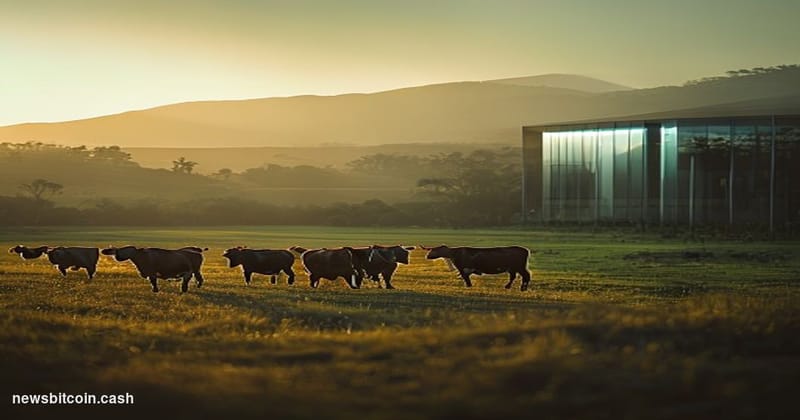 Cinematic photorealistic editorial photograph of a Brazilian cattle farm at golden hour, with a lush green pasture stretching