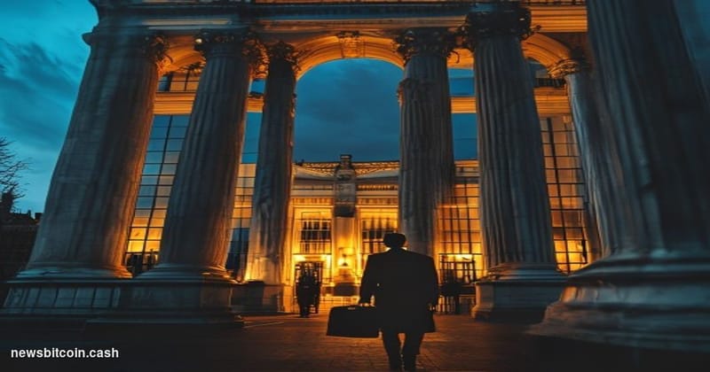 Cinematic photorealistic editorial photograph of the UK Foreign Office's grand neoclassical facade in Whitehall, London, shot