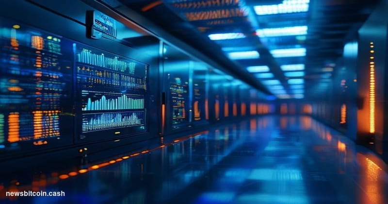 A cinematic photorealistic editorial photograph of a massive server infrastructure corridor, dramatically lit with deep blue 
