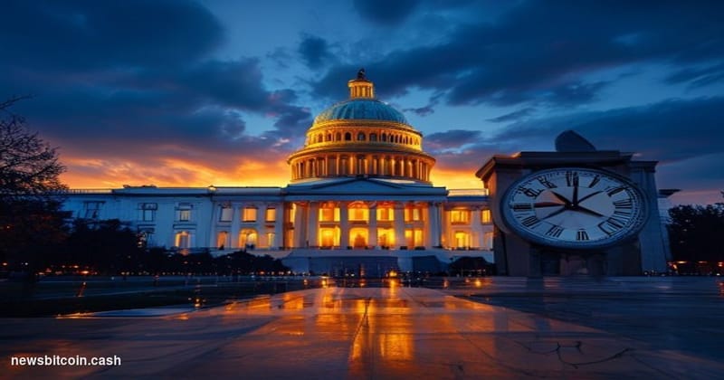 Cinematic photorealistic editorial photograph of the exterior of the U.S. Capitol building in Washington D.C. at dusk, viewed