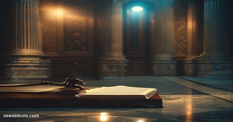 A cinematic photorealistic editorial photograph set inside a grand federal courthouse corridor in Washington D.C., with marbl