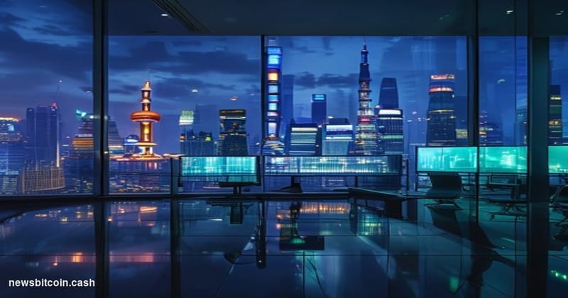 Cinematic photorealistic editorial photograph of the Shanghai financial district at dusk, Lujiazui skyline visible in the bac