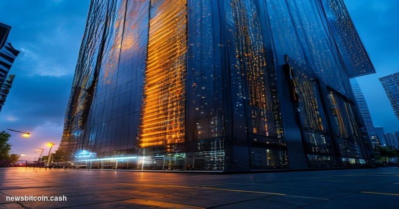 A cinematic photorealistic editorial photograph shot at ground level looking up at a towering glass-and-steel data center fac