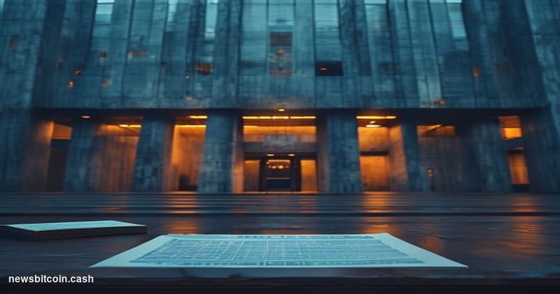 Cinematic photorealistic editorial photograph of a Chinese government law building at dusk, shot from a low angle with dramat