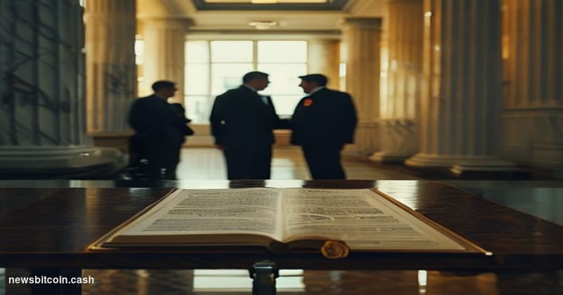 A cinematic photorealistic editorial photograph set inside a hushed federal courthouse corridor in New York City, with tall m
