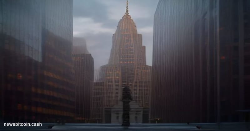 Cinematic photorealistic editorial photograph of the New York State Department of Financial Services building exterior in low