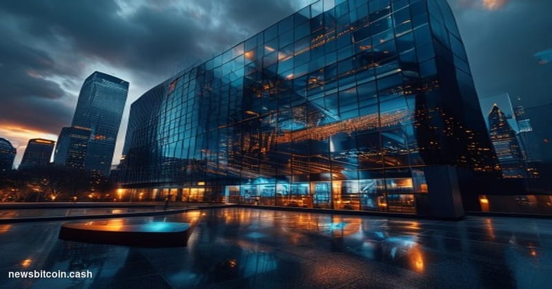 Cinematic photorealistic editorial photograph of the Citadel Securities headquarters in Chicago, Illinois, shot from a low an
