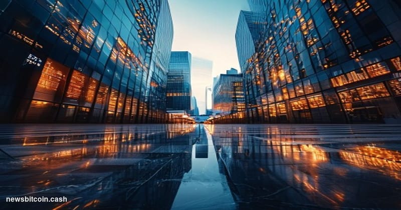 Cinematic photorealistic editorial photograph of a dramatic glass-and-steel financial district intersection at dusk, where tw