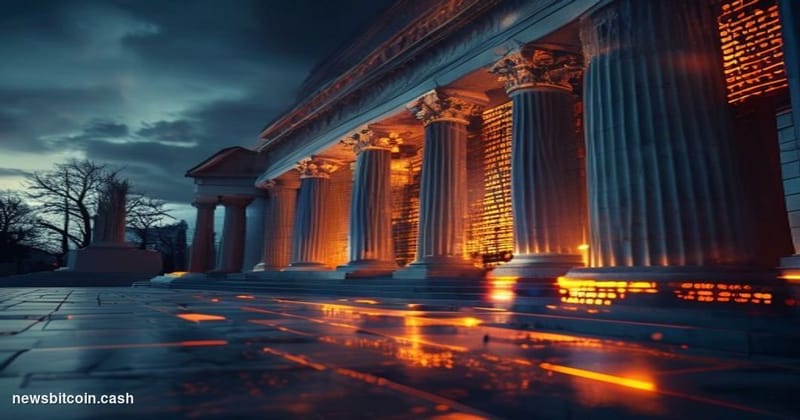 Cinematic photorealistic editorial photograph of the Federal Reserve Building in Washington D.C. shot from a low angle at dus