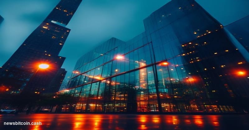 Cinematic photorealistic editorial photograph of the Coinbase San Francisco office exterior at dusk, with the company name su
