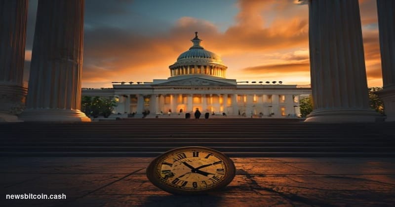 A cinematic photorealistic editorial photograph of the United States Capitol building at dusk, shot from a low angle along th
