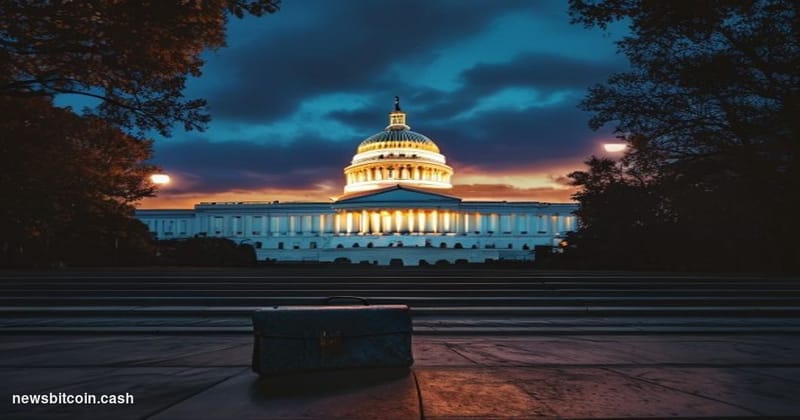 Cinematic photorealistic editorial photograph of the United States Capitol building in Washington D.C. at dusk, shot from the