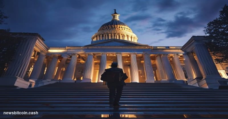Cinematic photorealistic editorial photograph of the United States Capitol building in Washington D.C. at dusk, shot from a l