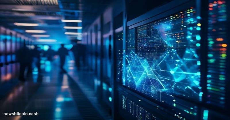 Cinematic photorealistic editorial photograph set inside a dramatic high-security data center corridor, with rows of quantum 