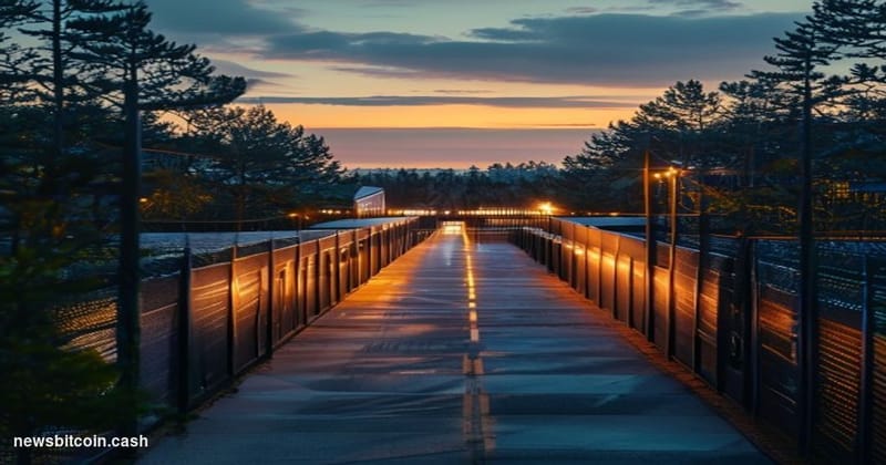 Cinematic photorealistic editorial photograph of a sprawling, modern data center campus in rural Georgia at dusk, with long r