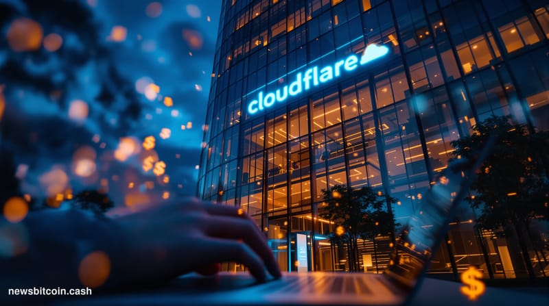 Cinematic photorealistic editorial photograph of Cloudflare's San Francisco headquarters building exterior at dusk, the compa