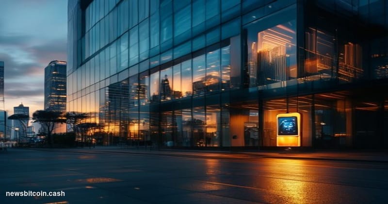 Cinematic photorealistic editorial photograph of the Coinbase San Francisco office exterior at dusk, dramatic side-lighting c