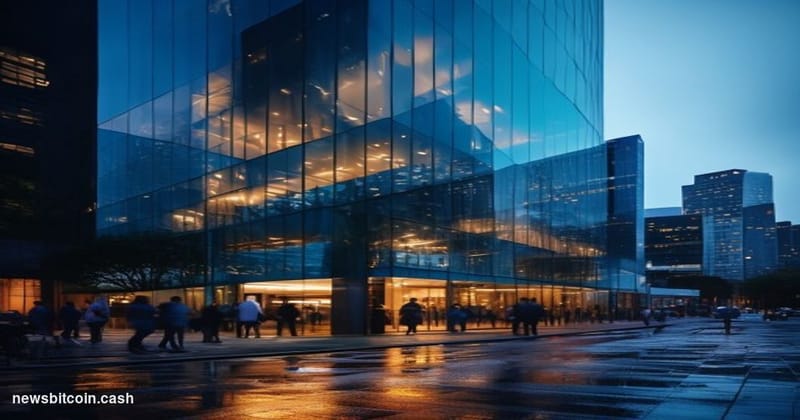 Cinematic photorealistic editorial photograph of Coinbase's San Francisco office exterior at dusk, shot from a low street-lev