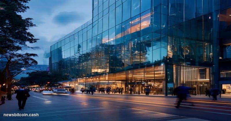 Cinematic photorealistic editorial photograph of the Coinbase San Francisco headquarters exterior at dusk, shot from a low an
