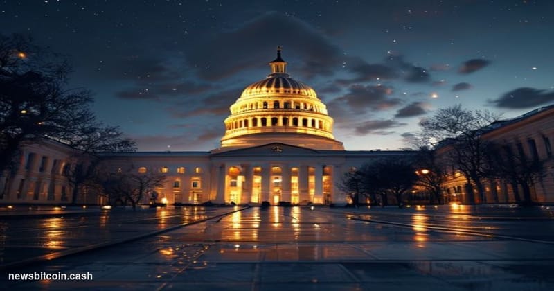 Cinematic photorealistic editorial photograph of the United States Capitol building in Washington D.C. at dusk, shot from a l
